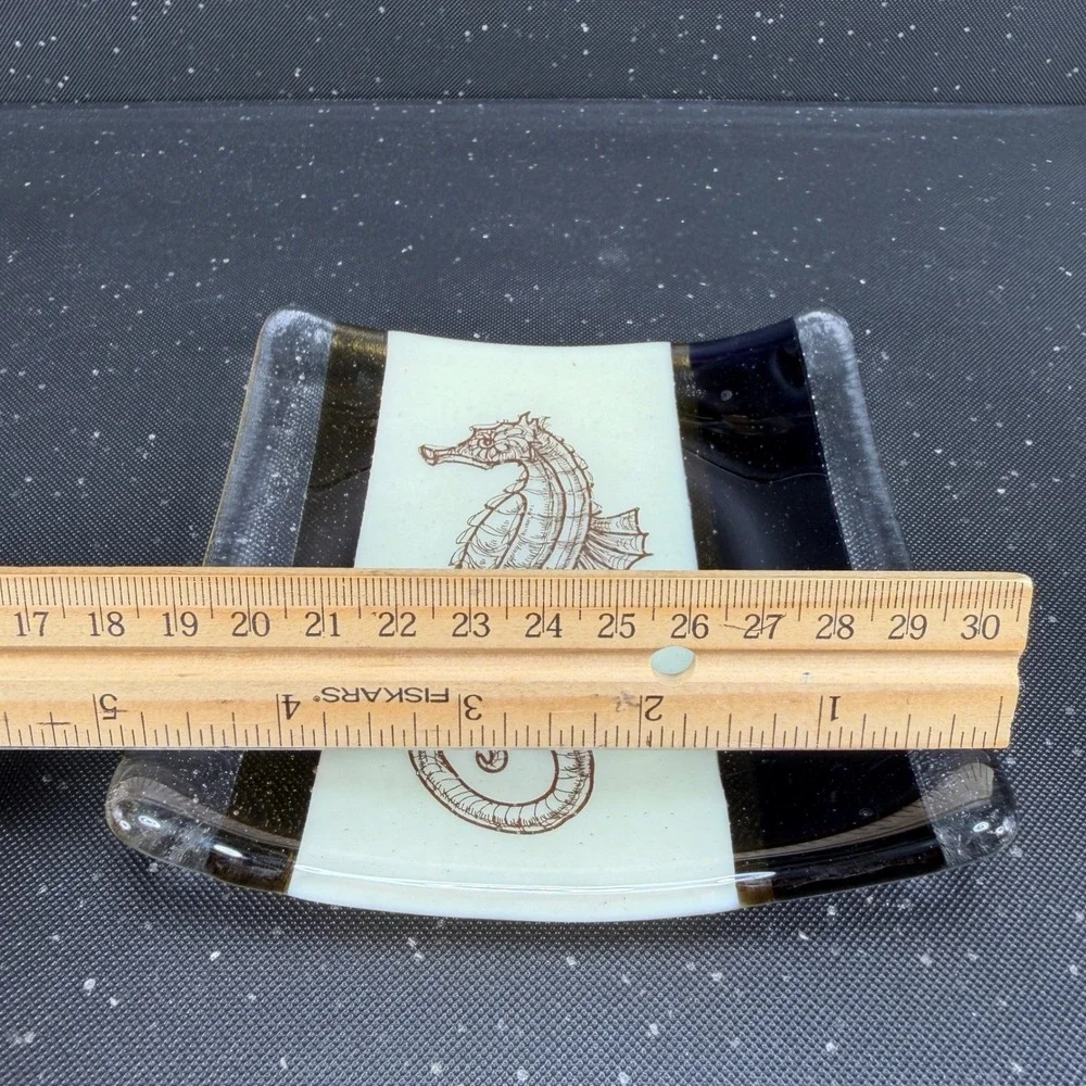 Fused Glass Seahorse Trinket Dish Square Coastal Navy Amber 5in Plate‎